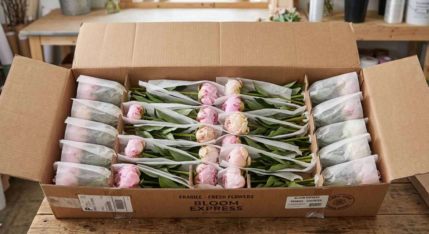 Open carton of peony stems packed in individual protective petal sleeves