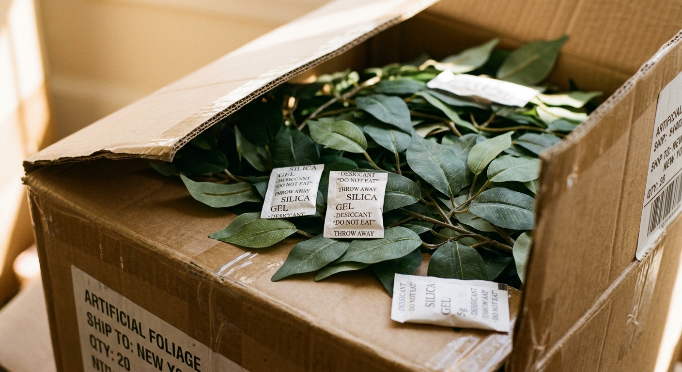 Desiccant packets placed among latex-coated artificial leaves in a shipping box