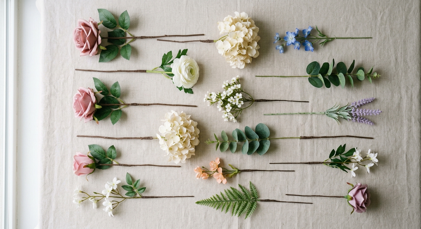 Individual stems of an artificial flower bouquet separated and counted for specification review