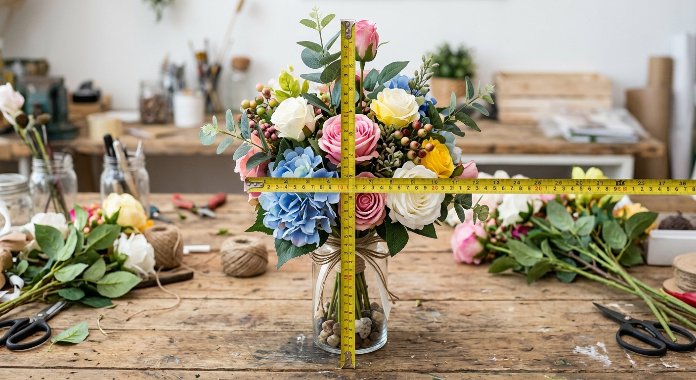 Measuring tape checking height and bloom diameter of an artificial flower bouquet