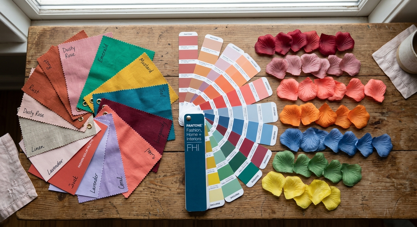 Pantone color swatches compared against artificial flower petals for dye approval