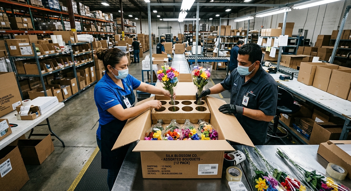 Artificial flower bouquets being packed into protective cartons with tray inserts