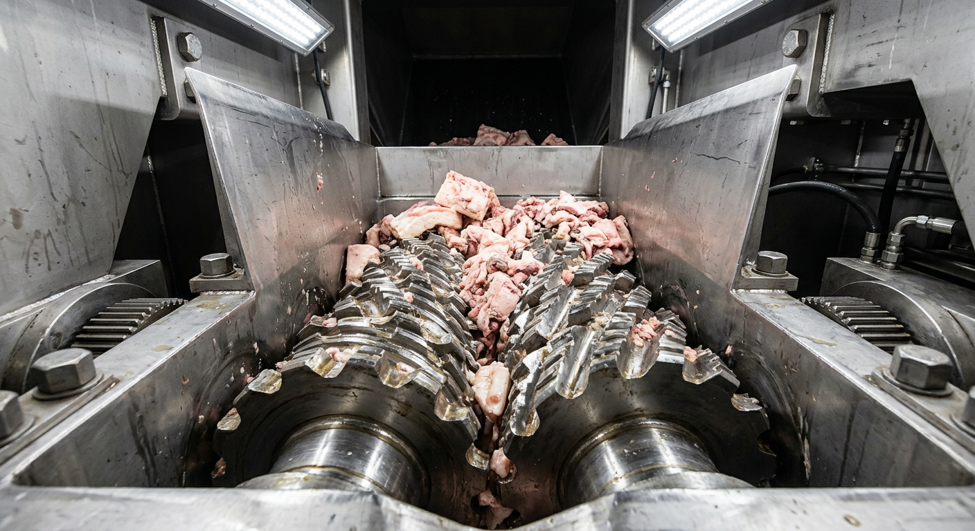 Heavy-duty stainless steel crusher for raw animal fat trimmings