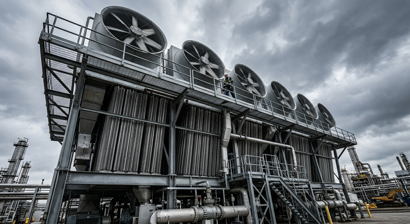 Large industrial air-cooled condenser bank with finned tube heat exchangers