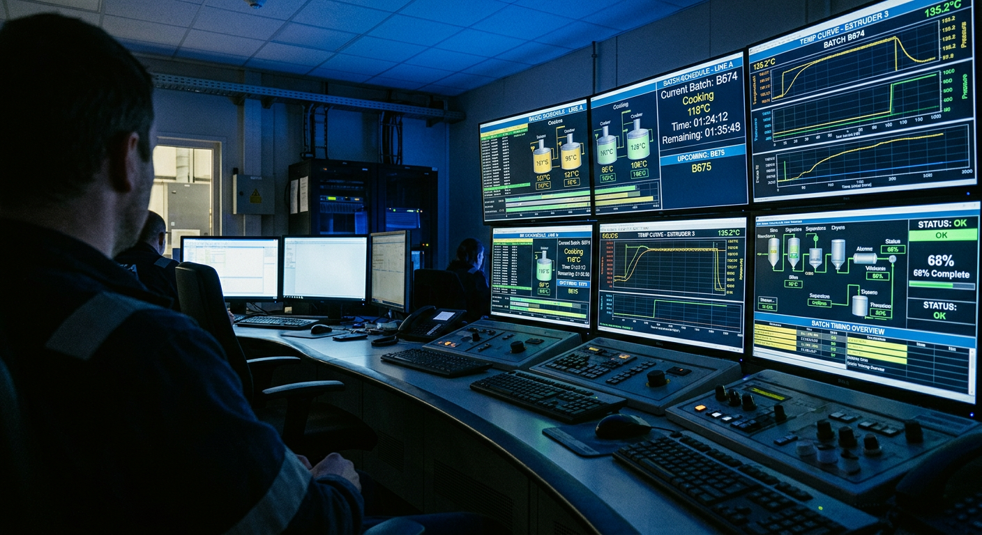 Rendering plant control room with batch scheduling and process monitoring screens