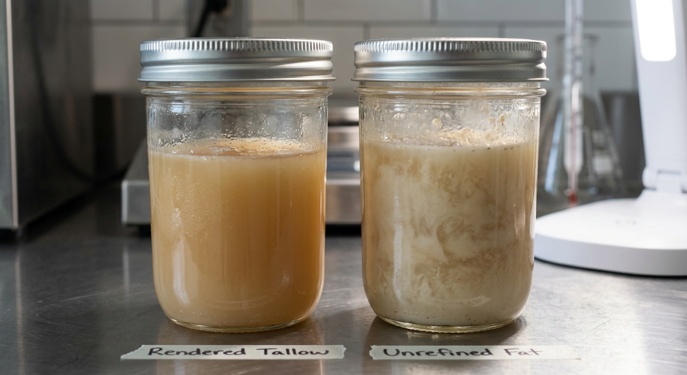 Side-by-side jars showing clear amber tallow and cloudy hazy rendered fat