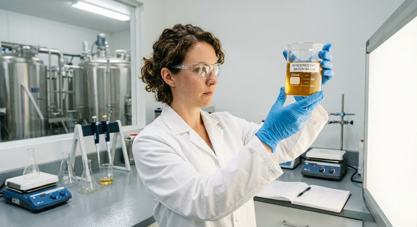 Technician inspecting clarity of rendered fat sample for purity testing