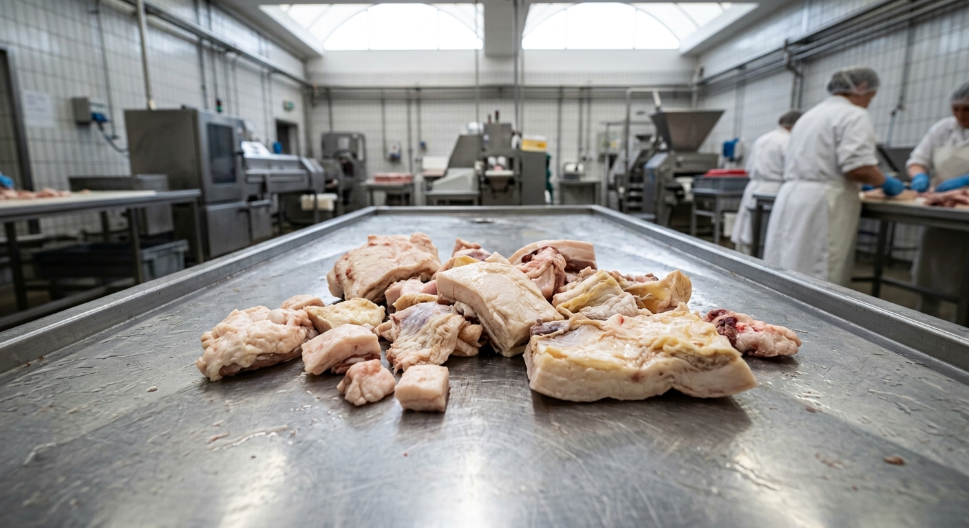 Raw animal fat trimmings inspected before entering the rendering process