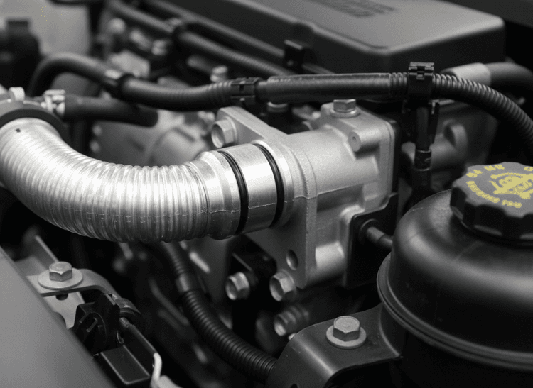 Close-up of automotive engine components including hoses and rubber seals