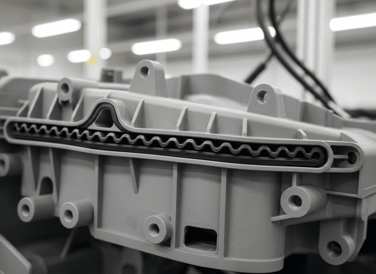 Gray molded rubber part with wavy center and industrial setting