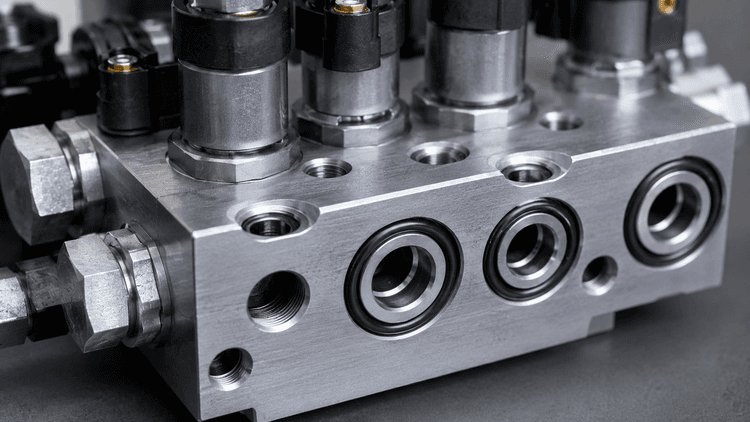 industrial fluid manifold with multiple rubber O-ring seals visible