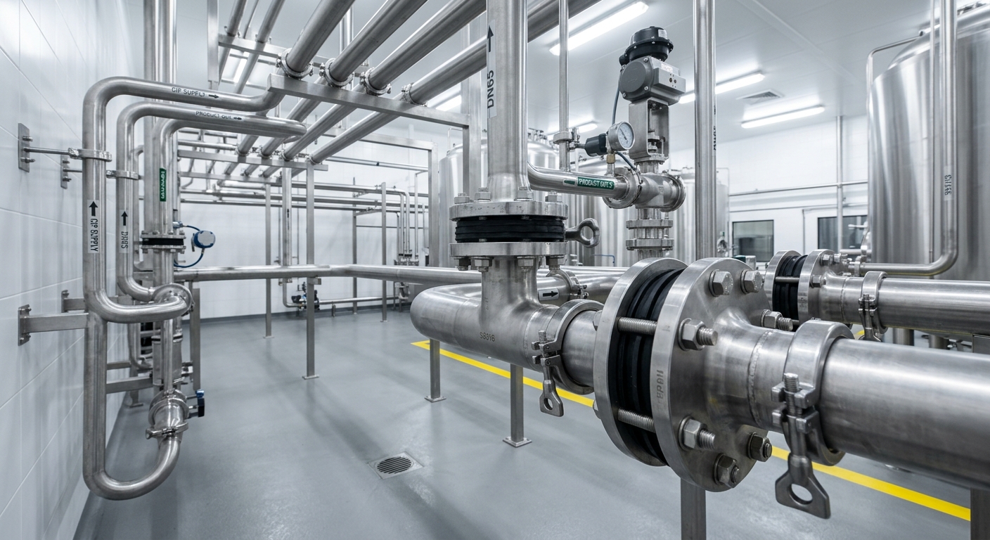 Stainless steel food processing pipeline with rubber gasket joints