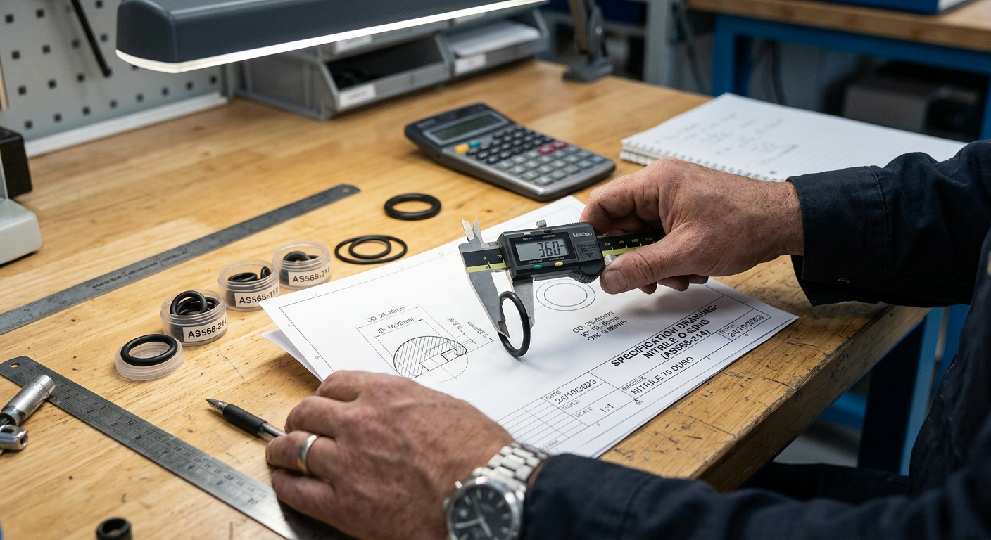 Engineer reviewing rubber O-ring technical drawing with sample seals and caliper