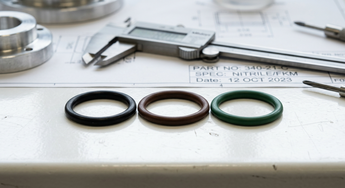 Three rubber O-rings in different materials on a white workbench