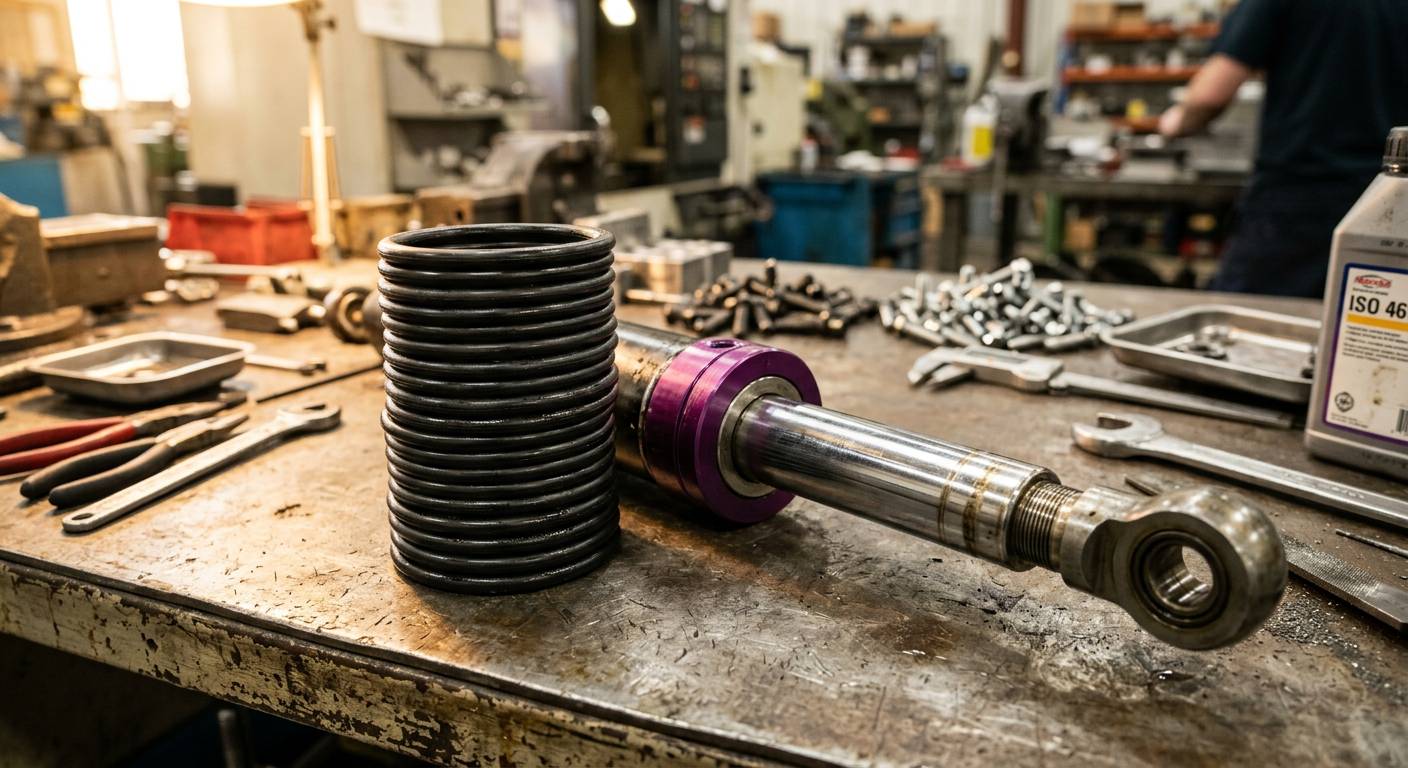 Black NBR O-rings next to hydraulic cylinder component