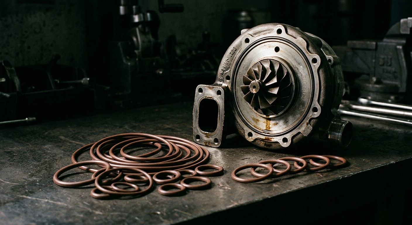 Brown FKM Viton O-rings near an automotive turbocharger