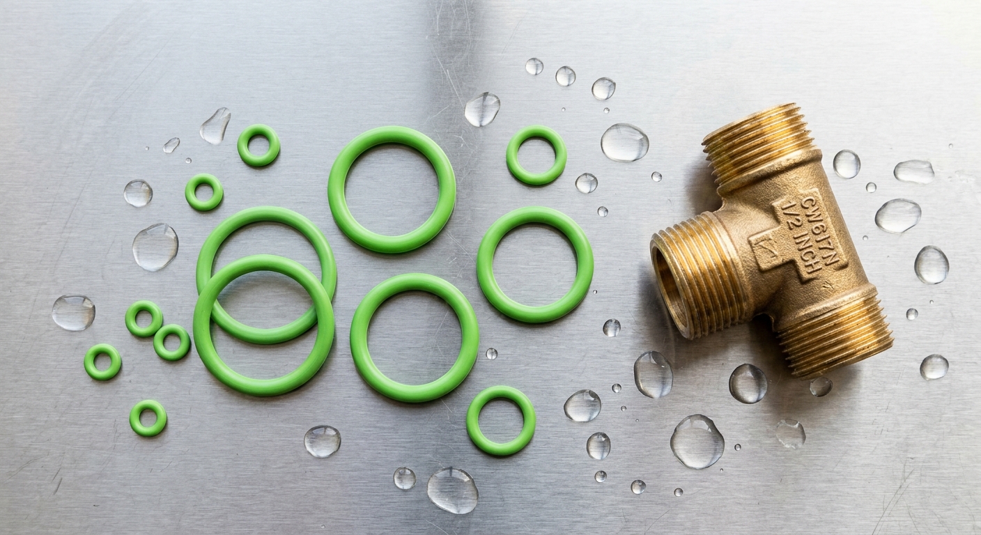 Green EPDM O-rings with brass plumbing fitting and water