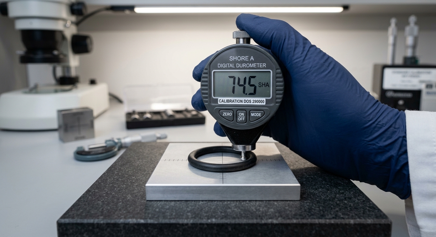 Durometer measuring hardness of rubber O-ring in quality lab