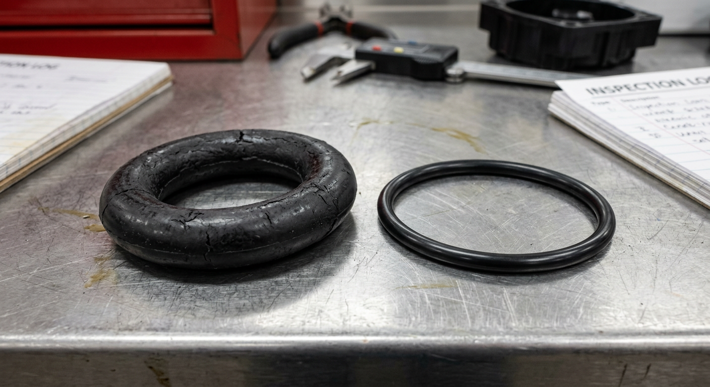Swollen rubber O-ring caused by chemical incompatibility next to a new reference ring