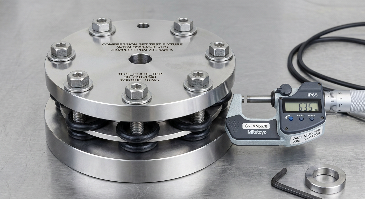 O-rings in a compression set test fixture between polished steel plates in a laboratory
