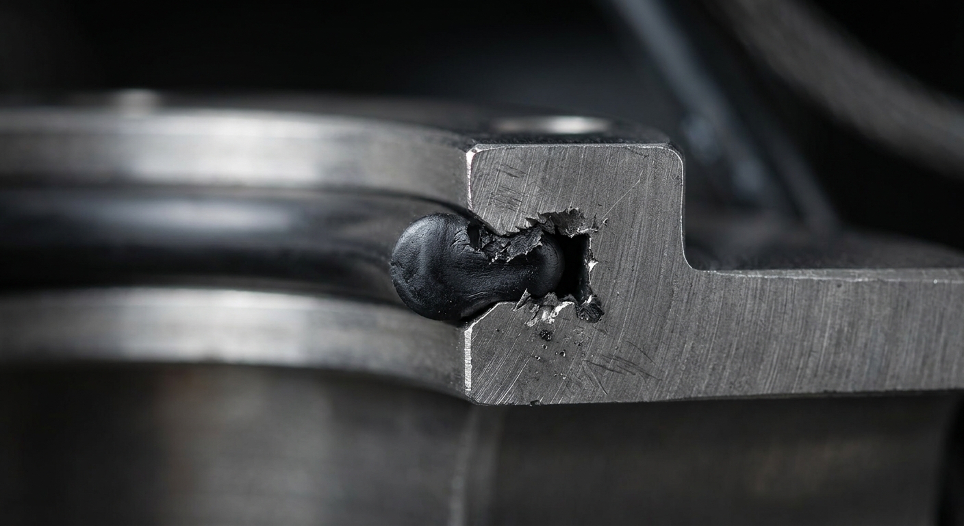 O-ring extrusion failure showing rubber pushed into the metal gland clearance gap