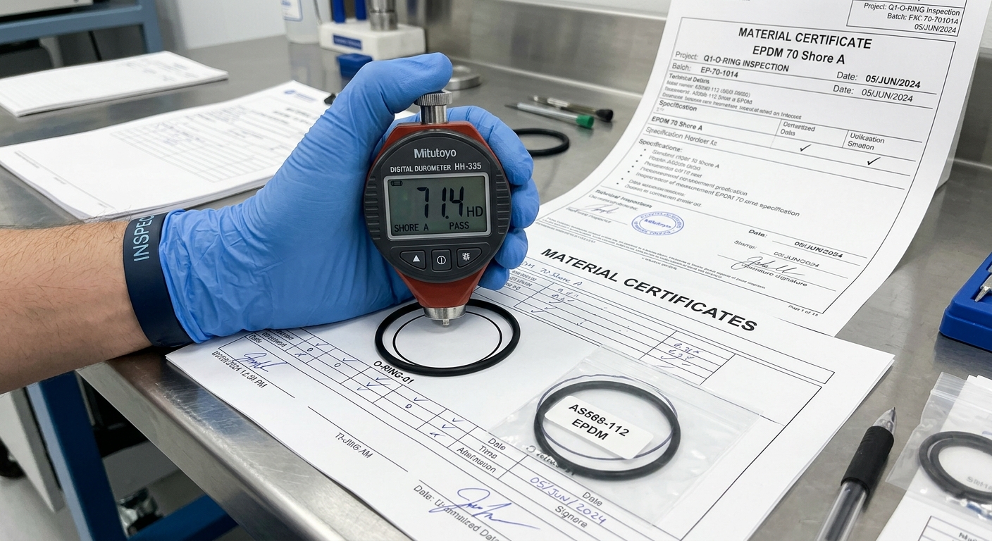 Quality inspector measuring rubber O-ring hardness with a durometer alongside material certificates