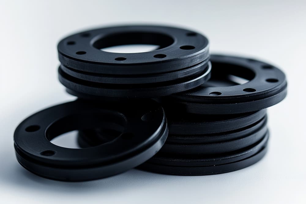 black rubber gaskets with central hole and side tabs