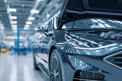 automotive equipment with open hood in a manufacturing facility