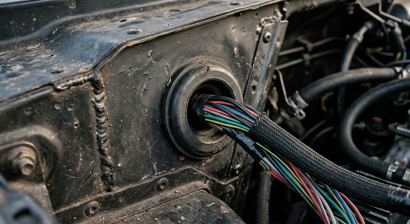 Close-up of rubber grommet sealing a wire harness in an automotive panel