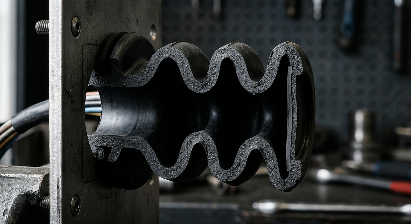 Cutaway of a convoluted bellows-style rubber grommet
