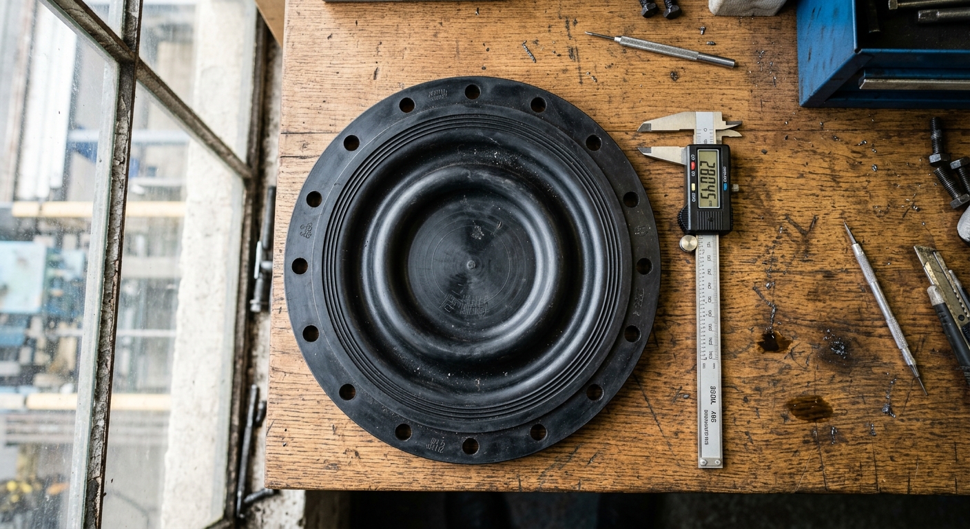 Large rubber diaphragm seal being measured with calipers