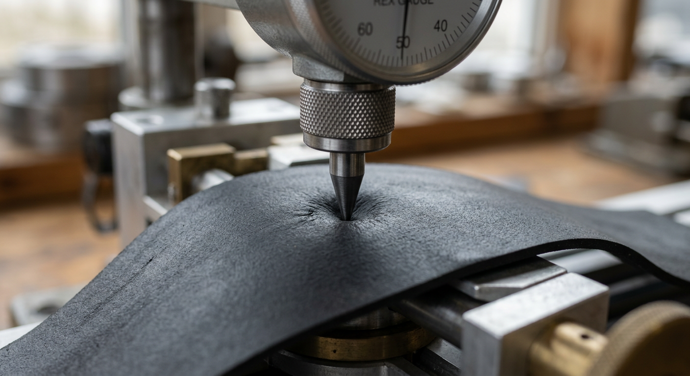Durometer hardness testing on a rubber diaphragm sample