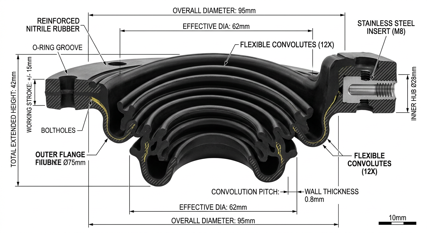 Cross-section view of convoluted rubber diaphragm geometry