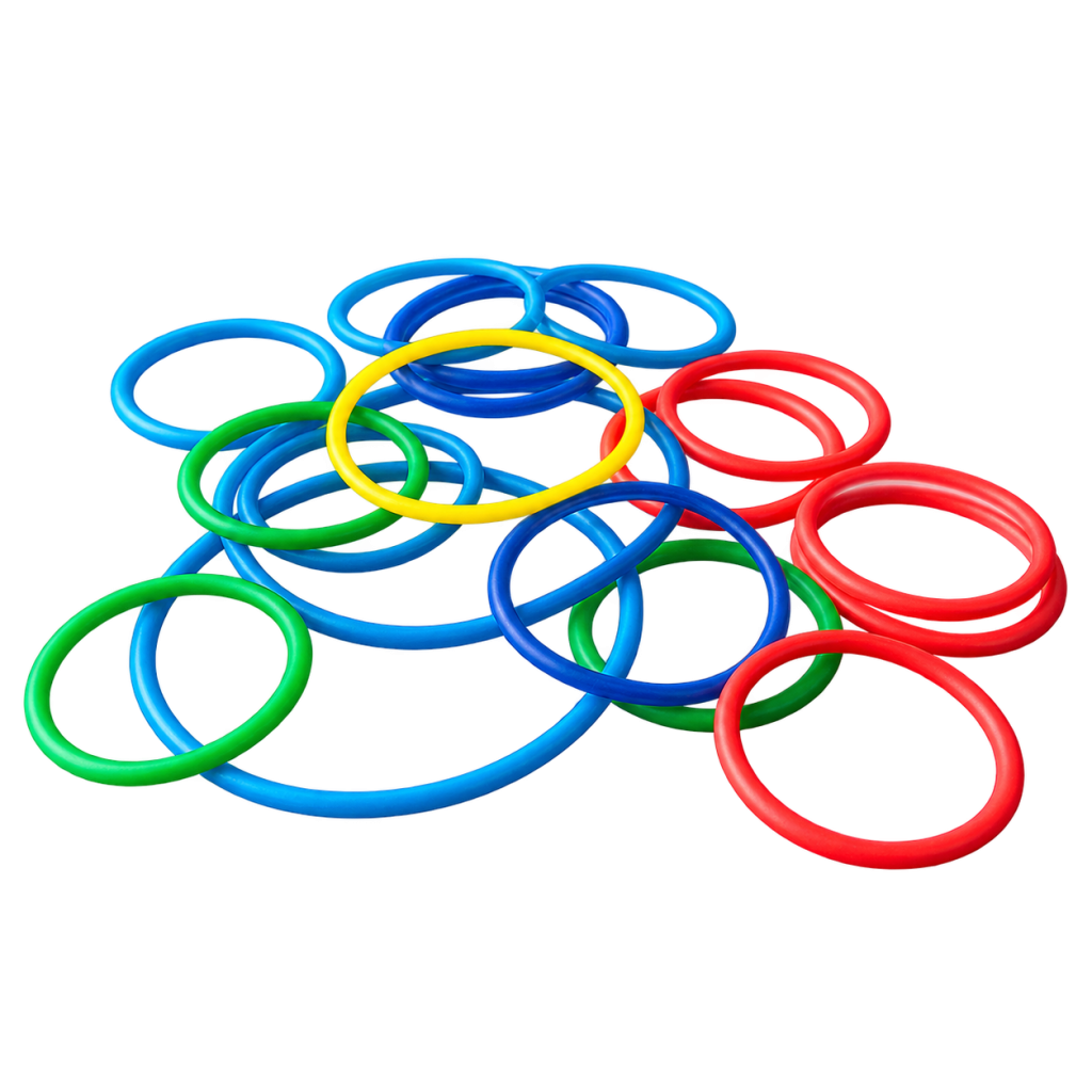 five overlapping colorful rubber rings on white background