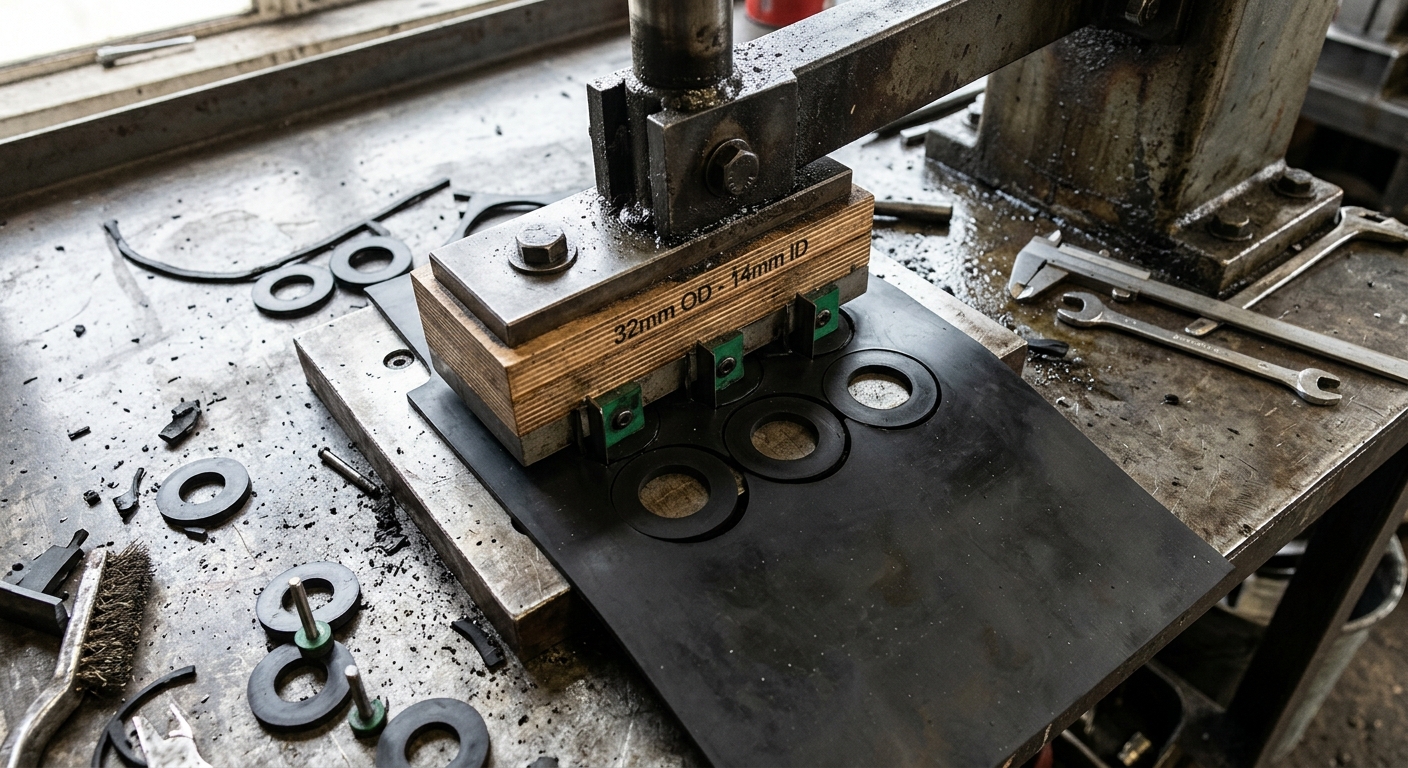 Steel rule die cutting rubber washer shapes from sheet stock