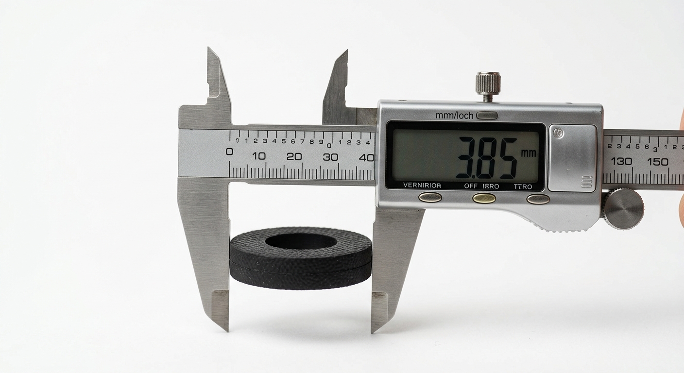 Calipers measuring thickness of a rubber washer for tolerance check