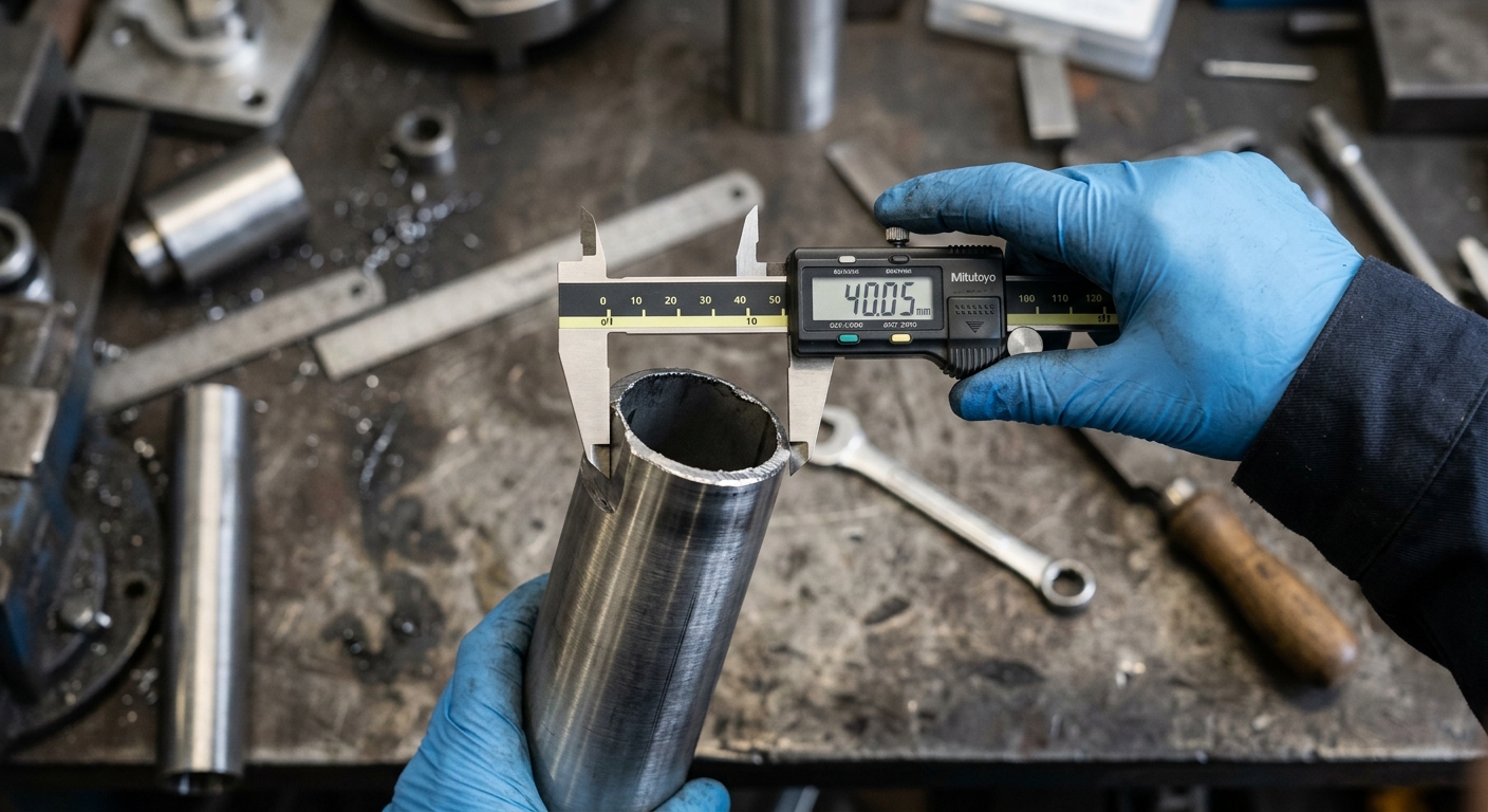 Technician using calipers to measure the diameter of a tube end before selecting a rubber plug