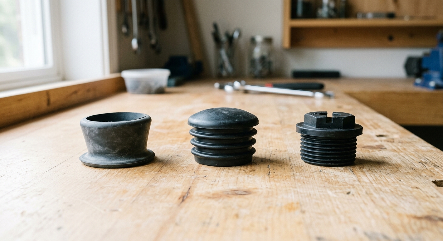 Three types of rubber plugs — stretch fit, push-in, and threaded — displayed together