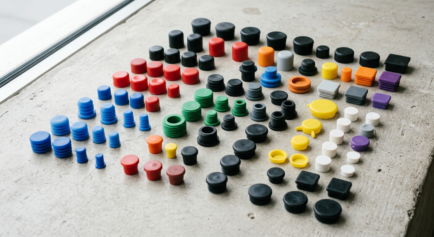 Colored rubber caps and plugs representing different rubber materials like NBR, EPDM, silicone, and FKM