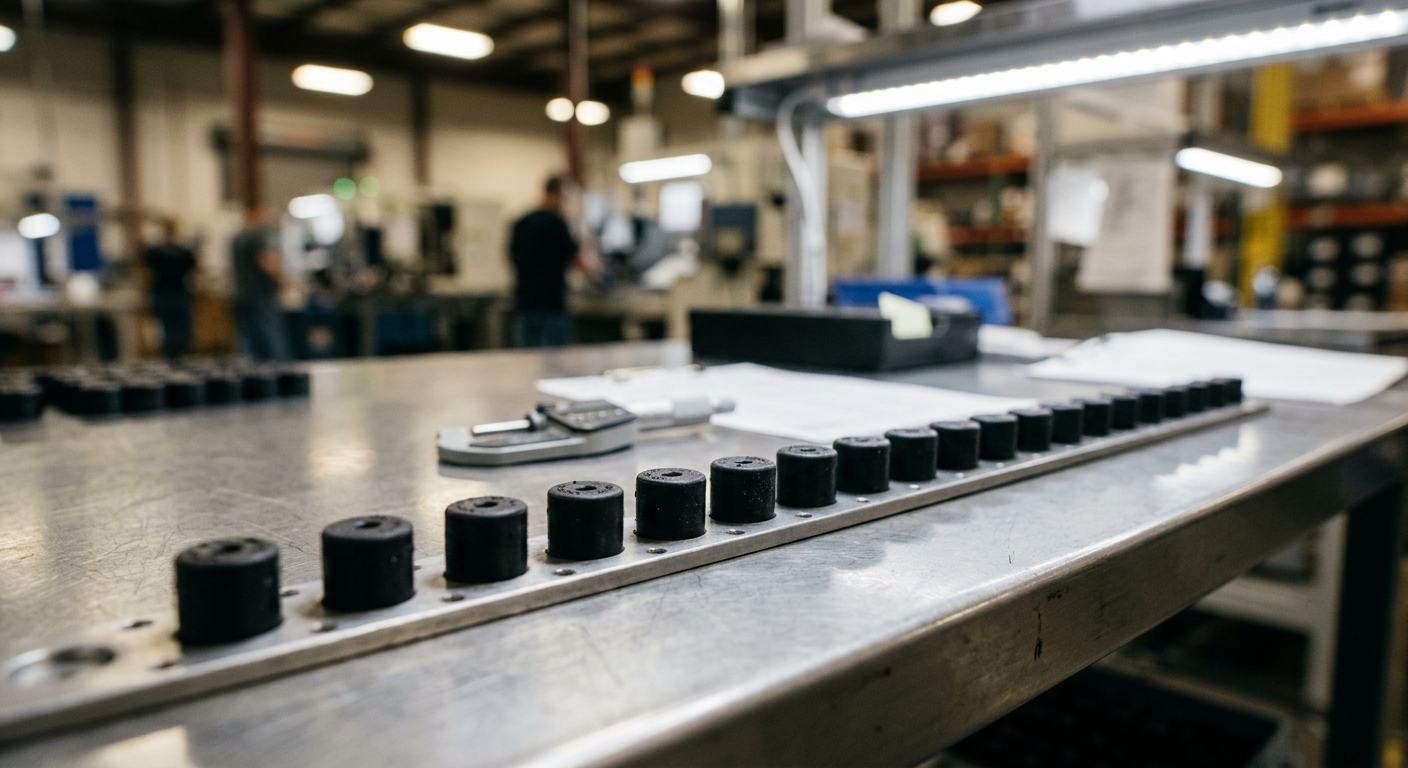 Precision rubber plugs under inspection lighting for quality control tolerance checking