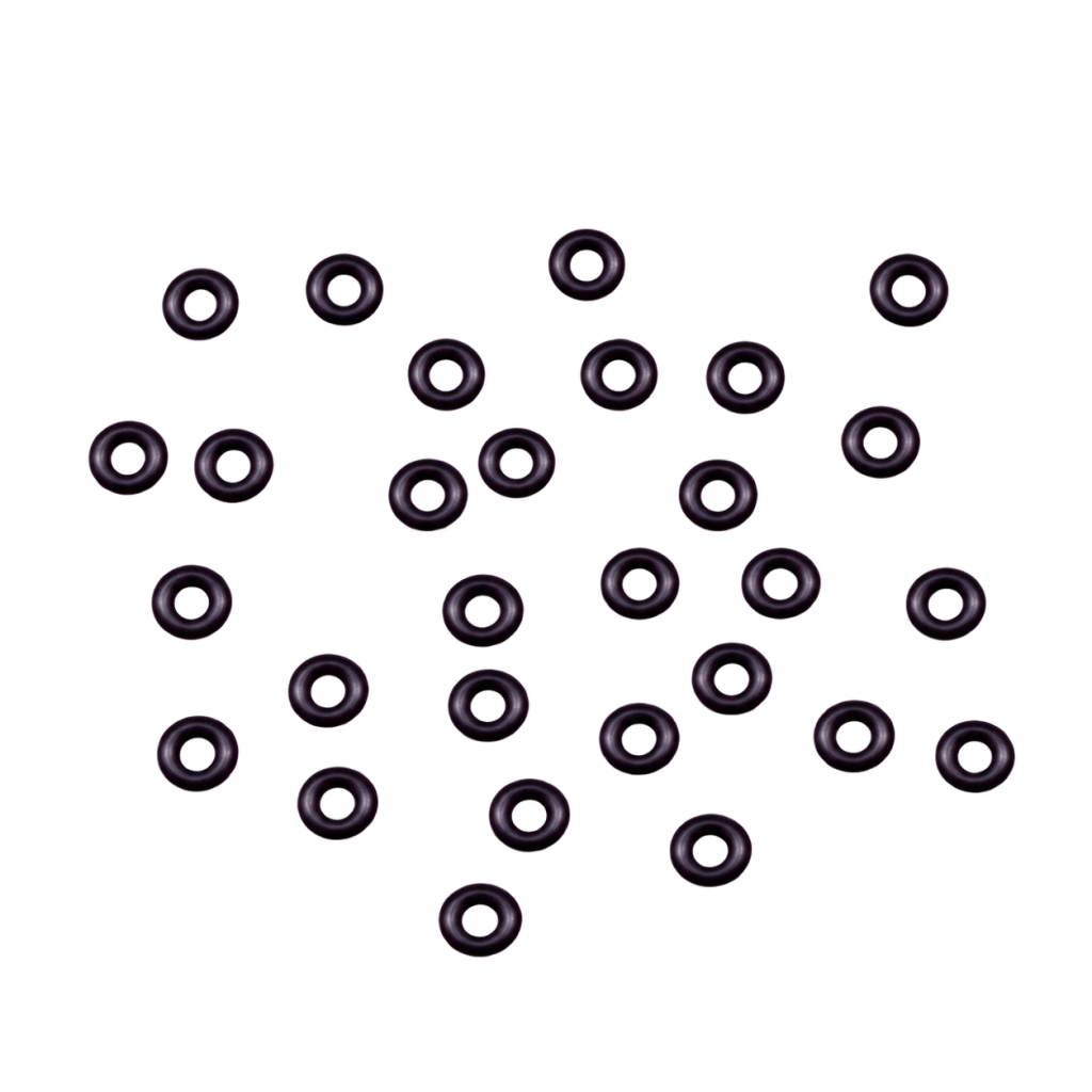 Colorful rubber grommets sorted by hue and dimension against a clean backdrop