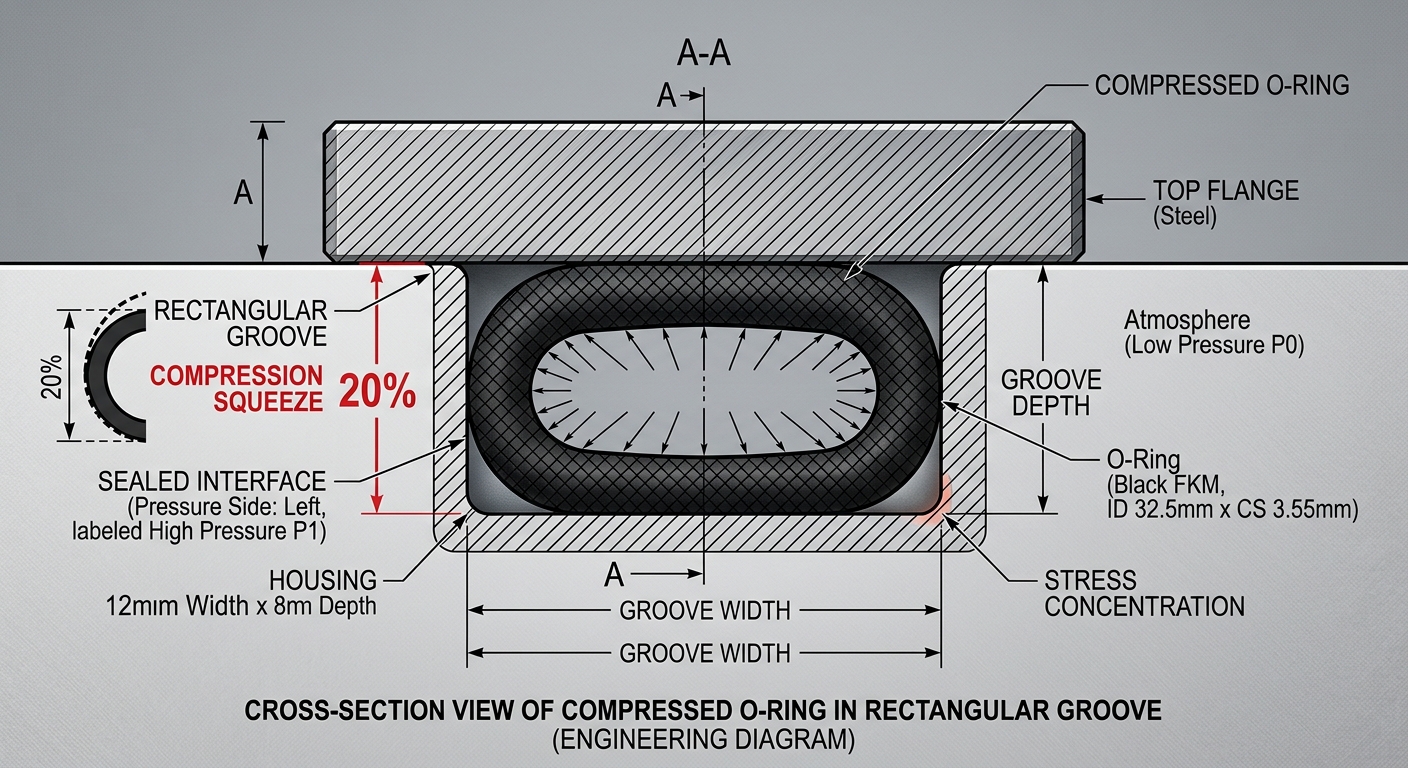 Cross-section view of O-ring compression showing squeeze percentage in a rectangular groove
