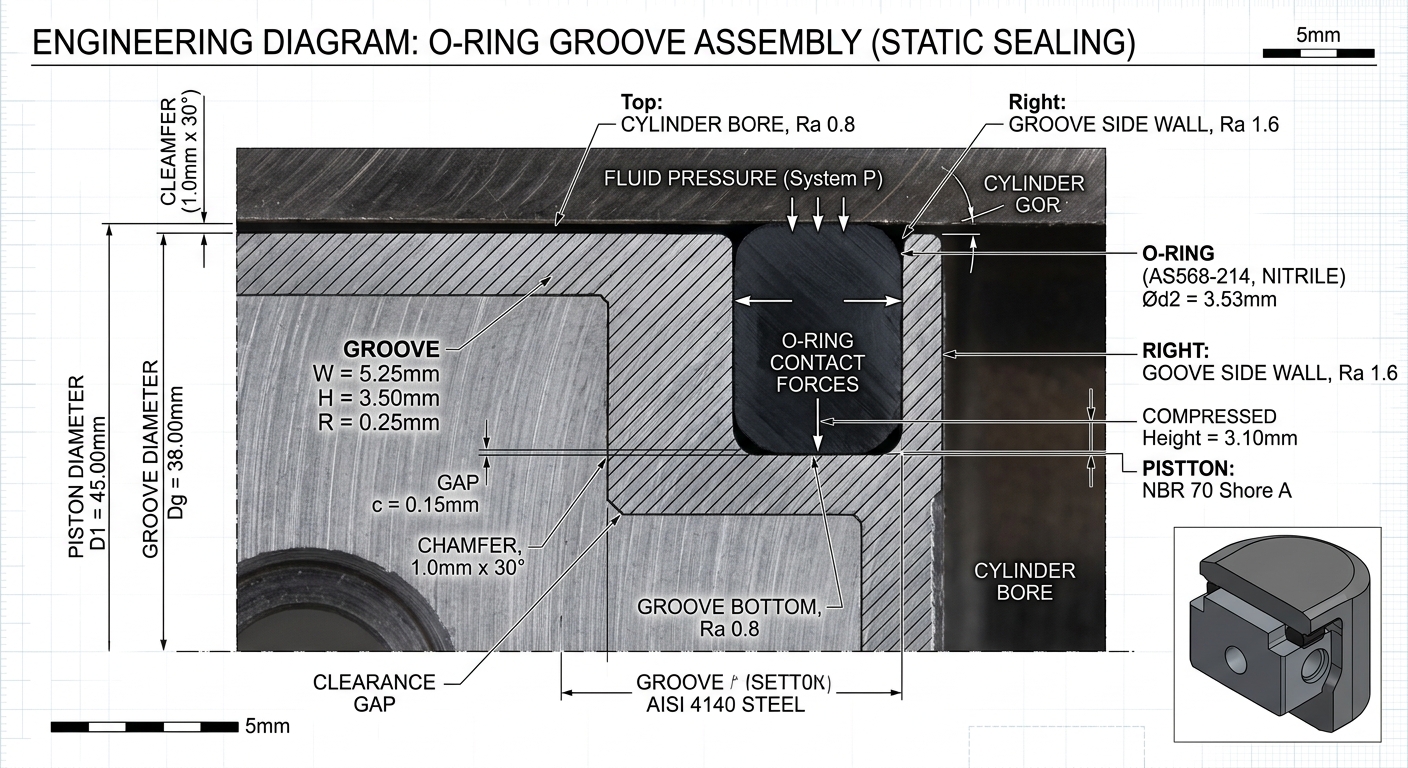 Diagram showing O-ring gland fill percentage inside a groove cavity