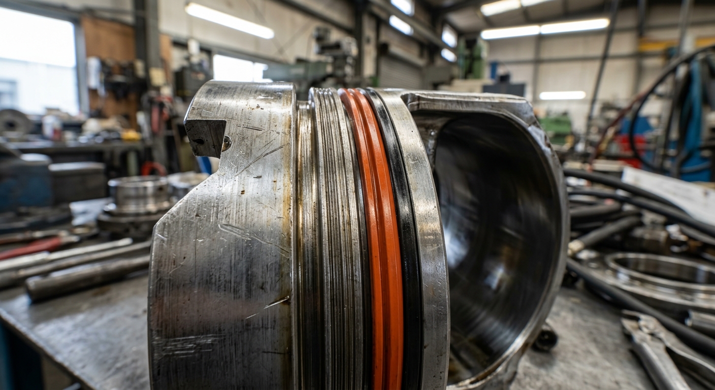 Hydraulic piston seal groove with orange and black o-rings in workshop setting