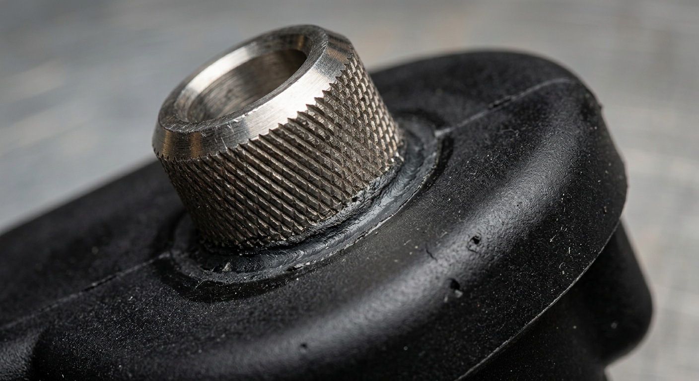 Macro view of metal insert bonded into black rubber compound