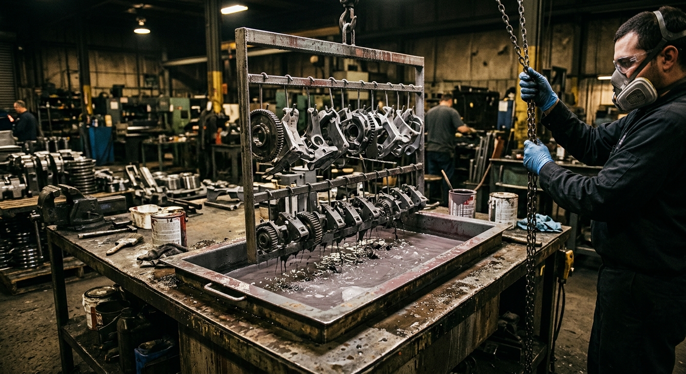 Metal parts being coated with bonding primer before rubber molding