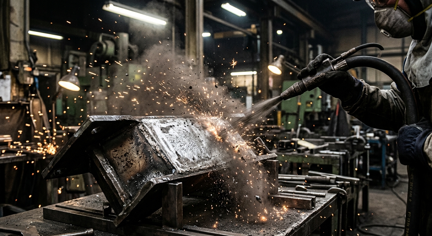 Abrasive blasting metal surface preparation for rubber bonding