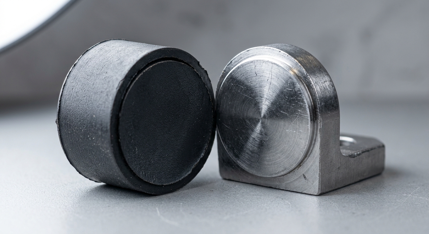 Failed rubber-to-metal bonded sample showing clean adhesive peel failure
