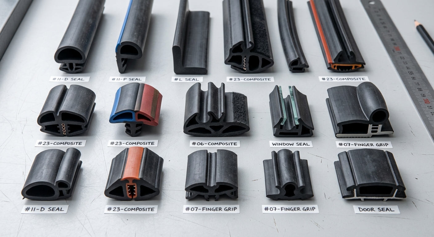 Cross-section comparison of solid and hollow rubber sealing strip profiles