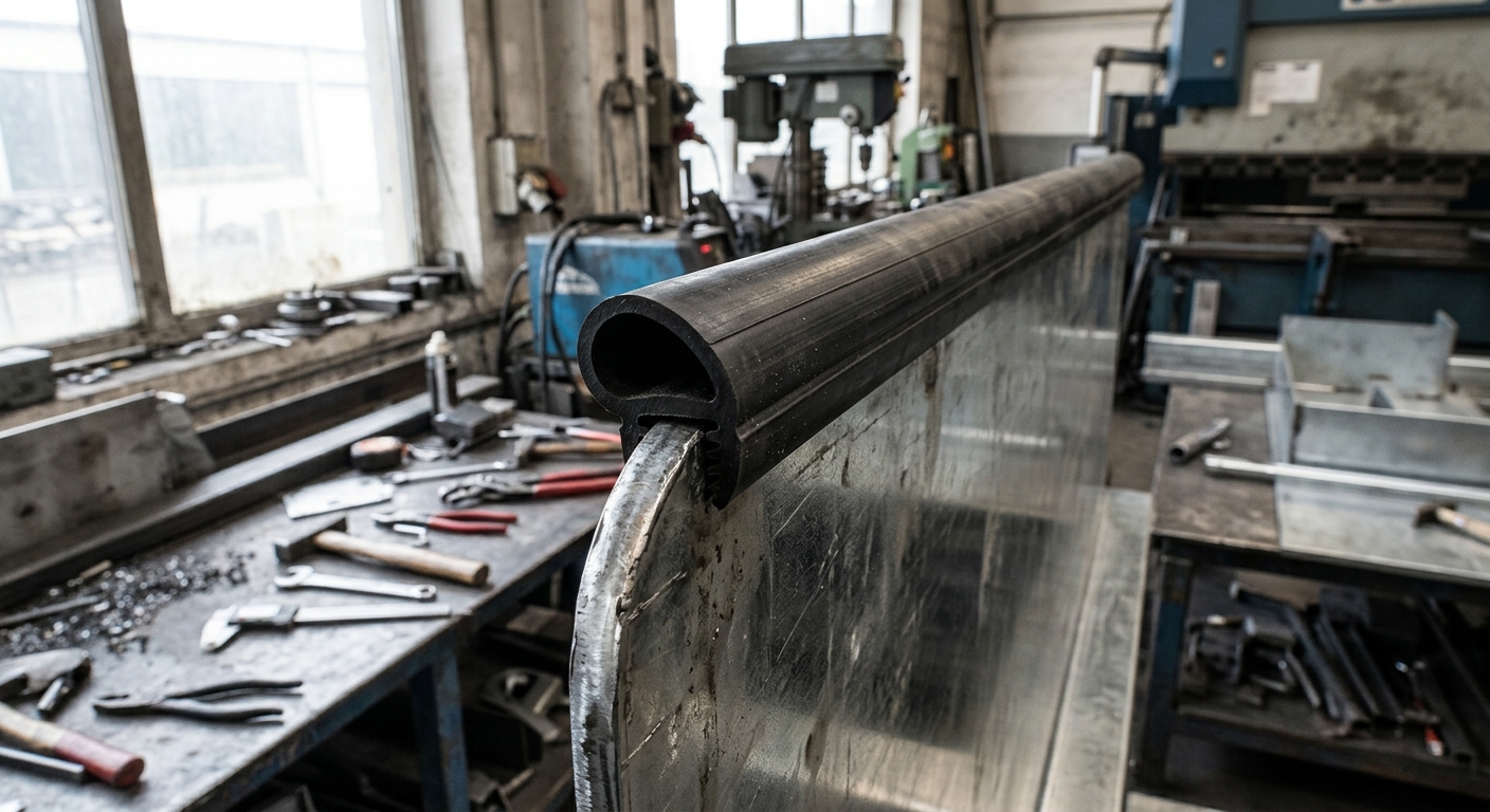 Rubber P-profile edge trim installed on sheet metal panel edge